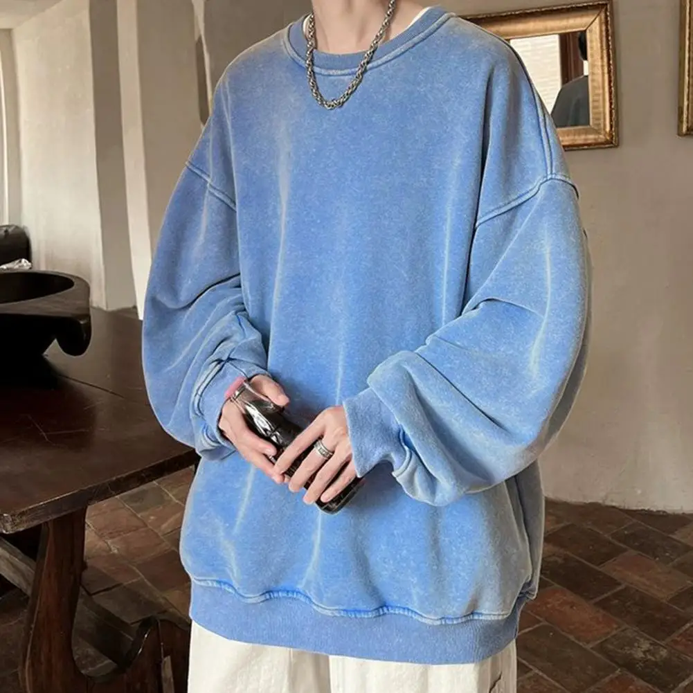 Crew Neck Sweatshirt Oversized Sweatshirt Vintage Loose Solid Color Men's Sweatshirt Warm Pullover for Fall/winter Spring