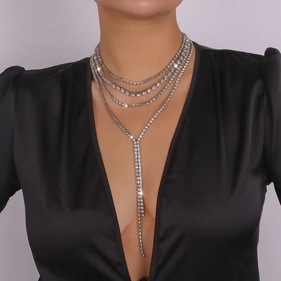 

2023 New Women's Necklace Multi layered Party Chocker Necklace Fashion Tassel Rhinestone Y Necklace Wedding Ball Crystal Jewelry