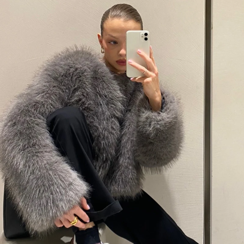 Street Fashion Girls Gray Fluffy Short Faux Fox Fur Jacket Women Winter Hot Brand Thick Warm Eco Fur Coat Female