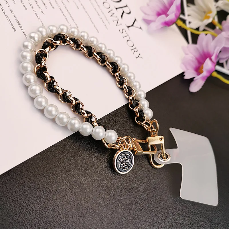 Pearl & Leather Hand-Woven Mobile Wrist Lanyard with Flower Pendant