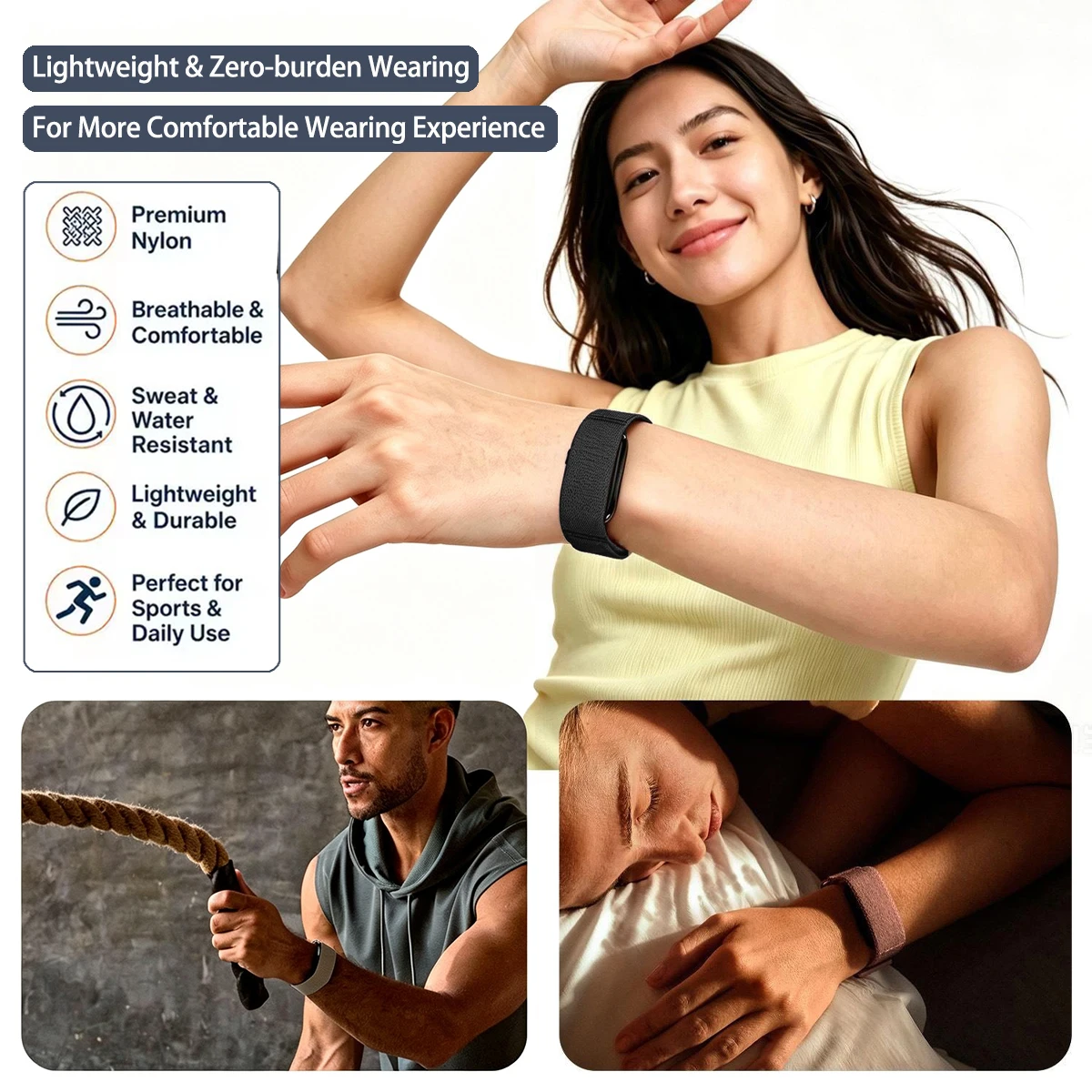 Nylon Woven Adjustable Loop Strap for Sports Fitness Tracker - Replacement Wristband for Men and Women