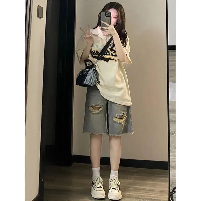 여성용 데님 반바지, 루즈 와이드 레그 미들 팬츠, 깨진 구멍 술 데님 스트레이트 브레스트 청바지, 여름 스트리트 신상