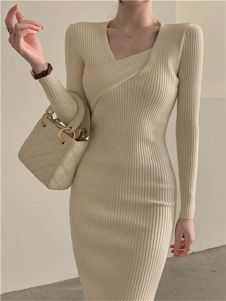 

Трикотажное облегающее платье для женщин на осень и зиму 2023 корейские модные элегантные женские платья миди теплое платье с длинным рукавом P76