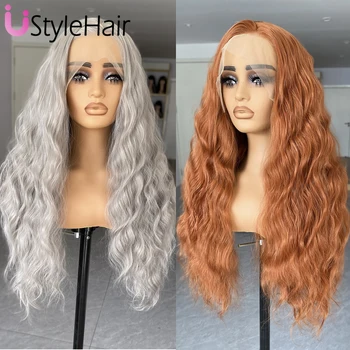Silver Grey Deep Wave Wig 13x4 Lace Front Synthetic Hair Ginger Orange Lace Wig Heat Resistant Natural Hairline Daily Wear Wigs