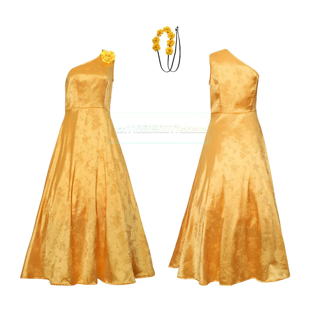 Robe de princesse jaune à une épaule & bandeau floral