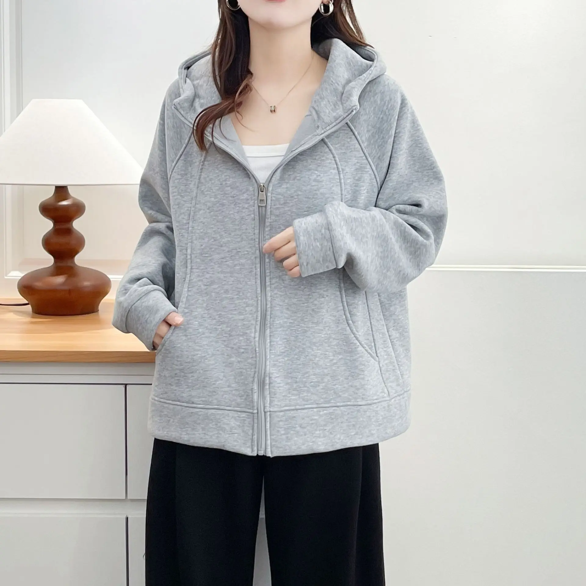 XXXXL Fashion Plus Size Women's Hoodies Coat Winter New Simple Casual Fleece And Thickened Warm Hooded Zipper Sweatshirt 8815