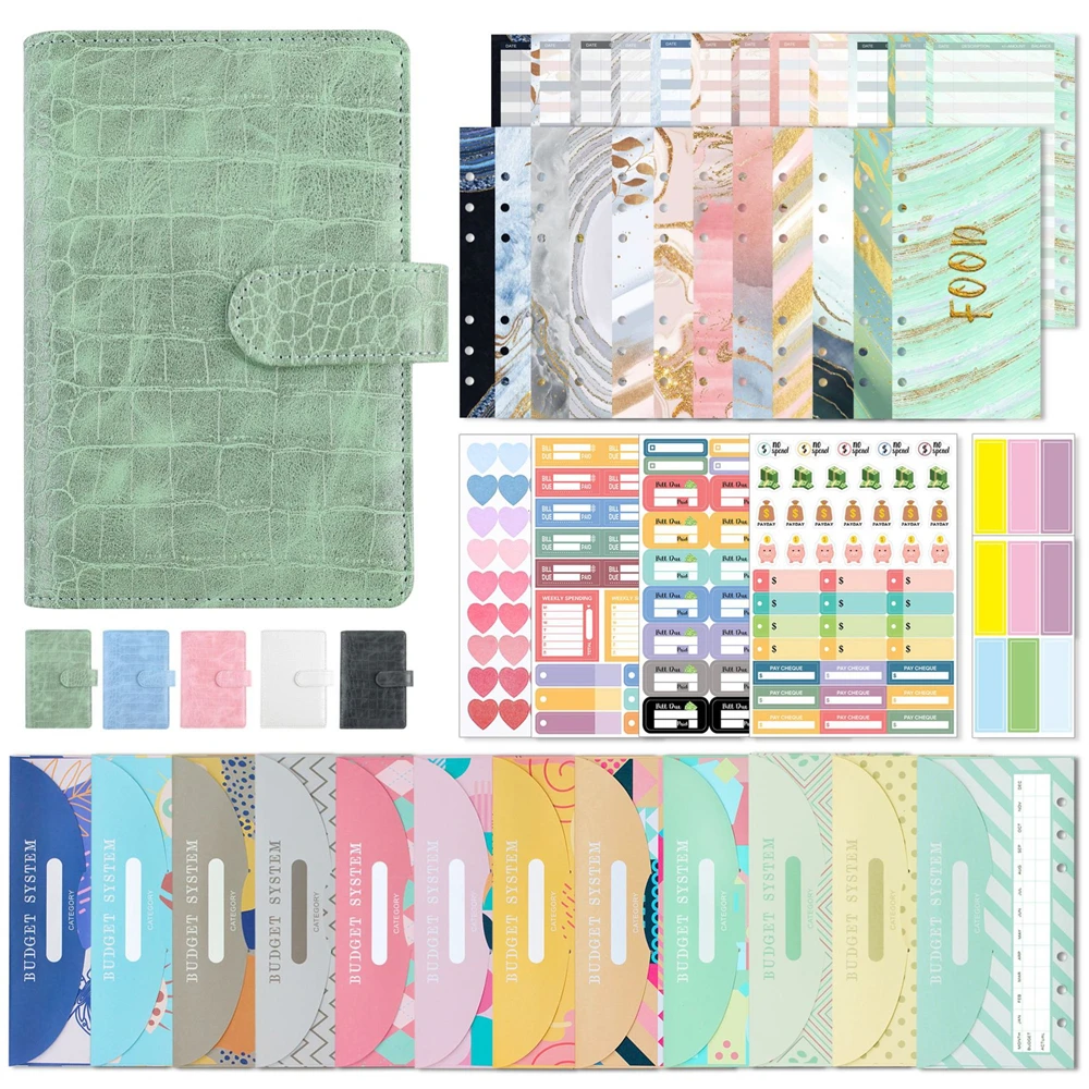 

A6 Budget Binder PU Crocodile Stripe Envelope Storage Bag Multifunctional Financial Management Notebook Daily Planner Binder