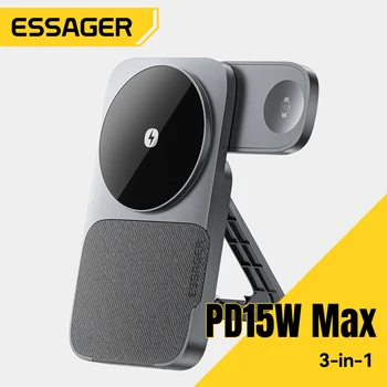 Essager 3 in 1 Folding Portable 15W Magnetic Wireless Charger Stand For iPhone16 15 Airpods Apple Watch For MagSafe Fast Charger
