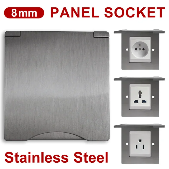 Universal/UK/FR/EU/US 8mm Single/Double Gang Power Outlet Stainless Steel Panel Switch Socket for Living Room Office 1