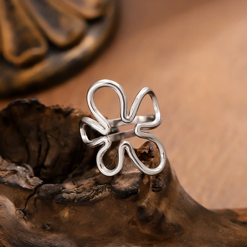 Modische Edelstahl-Hohlblumenringe für Frauen, unregelmäßige Linien, offener Ring, eleganter, wasserdichter Schmuck, Hochzeit, Party, neu – Detail 9