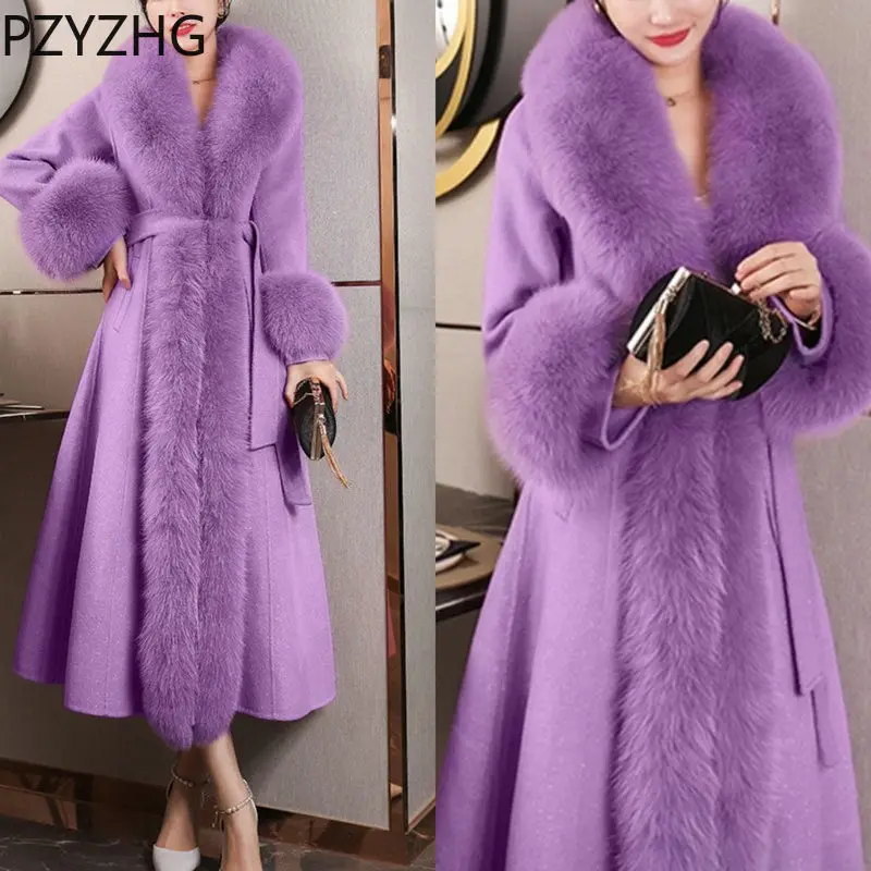 2023 Winter Women New Cashmere Coat Anti Fox Collar Fabric Plus Cotton Mid Length Coat Celebrity High Large Collar Faux Fur