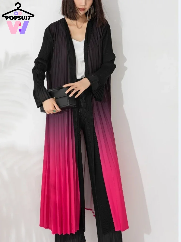 

New in Autumn Women Cardigans 142 CM Length Fashion Loose Gradient Pleated Flare Sleeve Gradual Color Changed Party Long Dresses