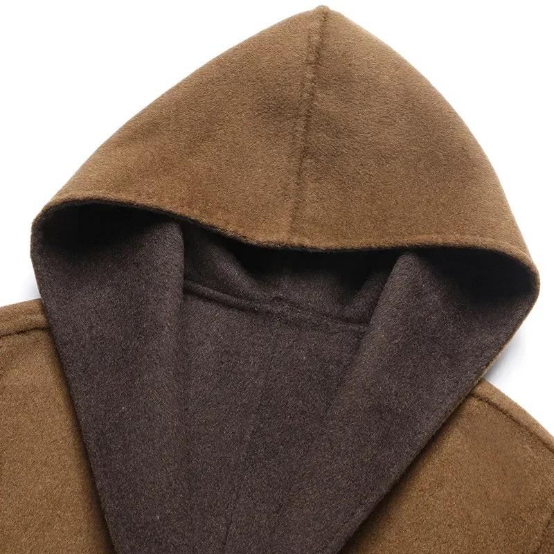 남성용 대형 포켓 미디엄 롱 후드 착용, 수제 양면 모직 코트, 사이즈 M, L, XL2XL, 3XL, 겨울 패션, 신상