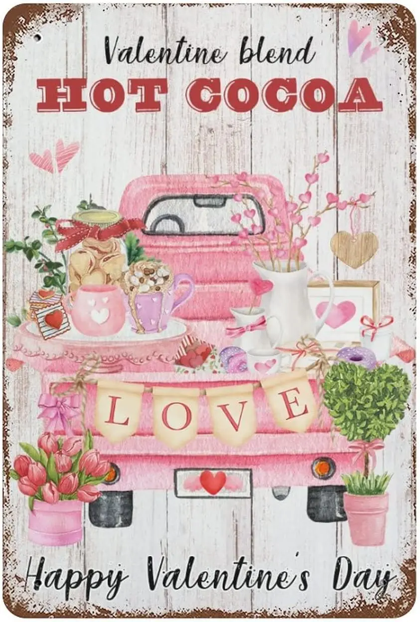 Cartello In Metallo San Valentino Hot Cocoa Pink Buffalo Plaid Garage Art 8 "X 12" Barrette Di Cioccolato Decorazioni Da Parete Segni Vintage