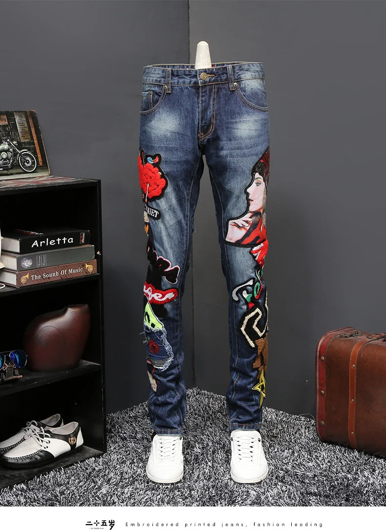 Wind 2022 Personality Beauty Embroidered Jeans Male Embroidery Flocking Self-cultivation Directly Canister Long Pant Jeans Homme mens jeans sale