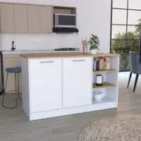 Ginger Kitchen Island, Three Open Shelves, Two Cabinets White - Natural Oak 2