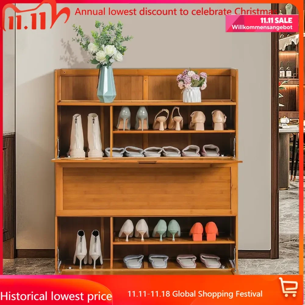 39" 6-Tiers Bamboo Shoe Storage Cabinet Drop Down Doors Shoe Rack Freestanding Organizer Shelf with Heigh