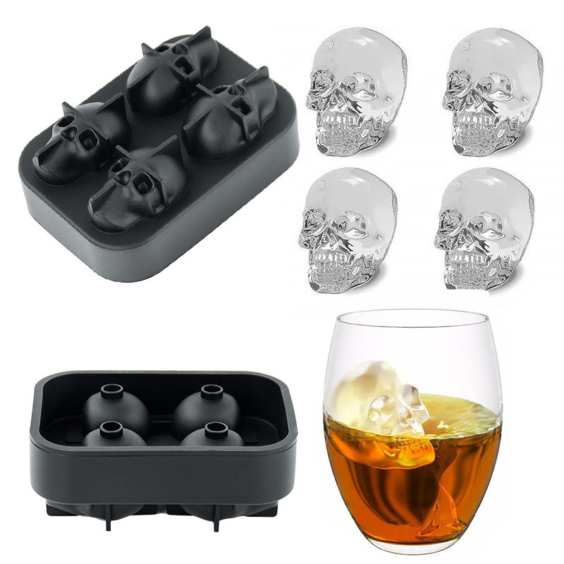 4 Grids 3D Skull Head Ice Cube Mold Halloween Skull Shaped Whisky Wine Ice Cube Tray Maker Chocolate Mould Bar Party Supplies