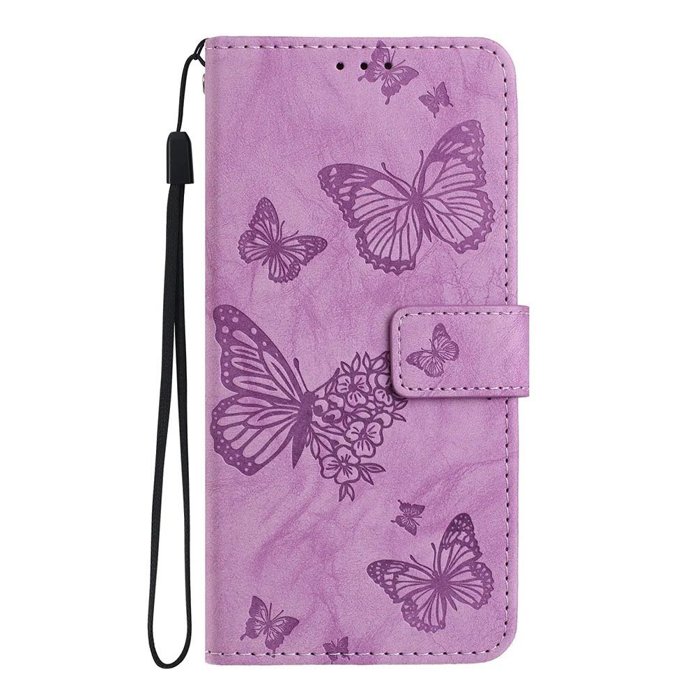 Butterfly Embossed Leather Wallet Phone Case with Card Slots and Strap