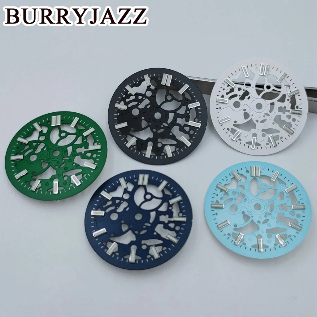 BURRYJAZZ 29.5mm No NH70 NH72 Hollow Skeleton Dial Black Green Blue White Dial Green Luminous 3 O'clock Case Crown