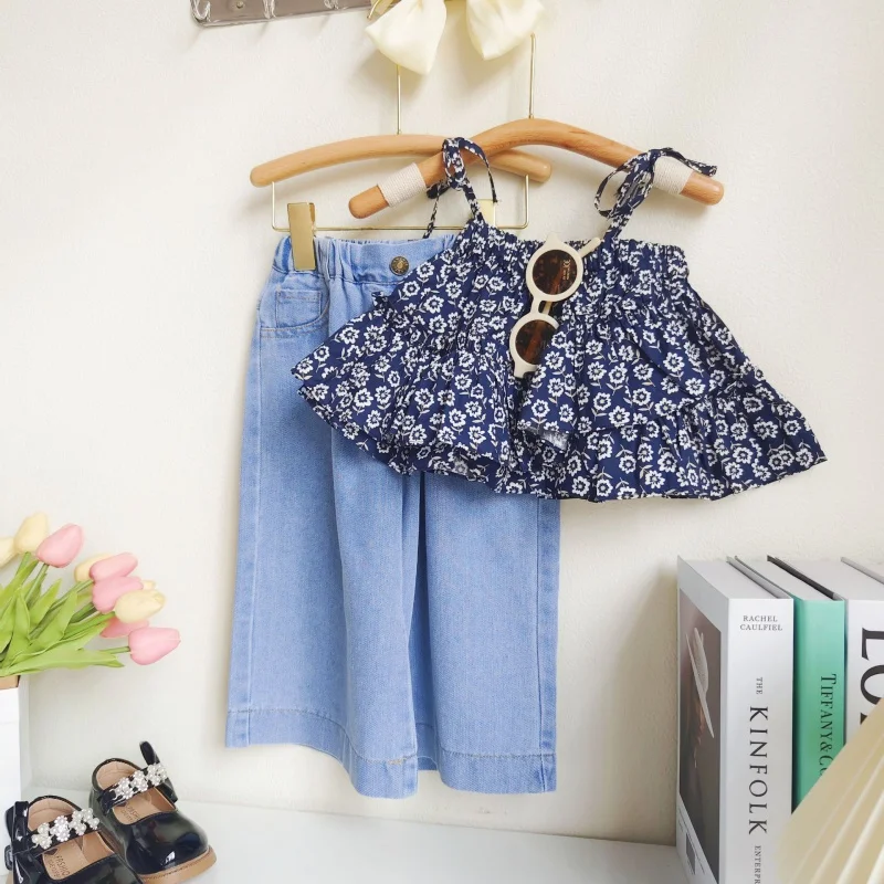 

Summer New Girls' Fashion Suit Floral Small Strap Top＋Wide-leg jeansWS