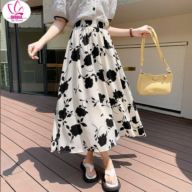 

SUSOLA Vintage Printed Long Skirt Women Summer Elastic High Wiast Mid-Calf Skirts Female Casual All-Match A-Line Pleated Skirt