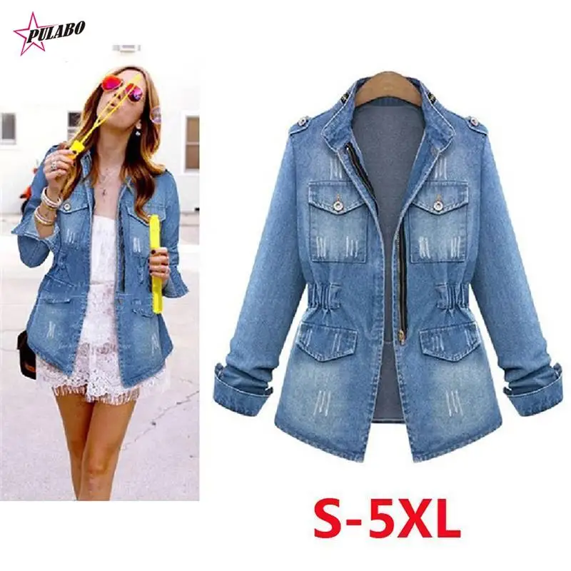 

5XL Denim Jacket Women PULABO Autumn Fashion Long Sleeve Jeans Coat Female Casual Denim Jacket Tops