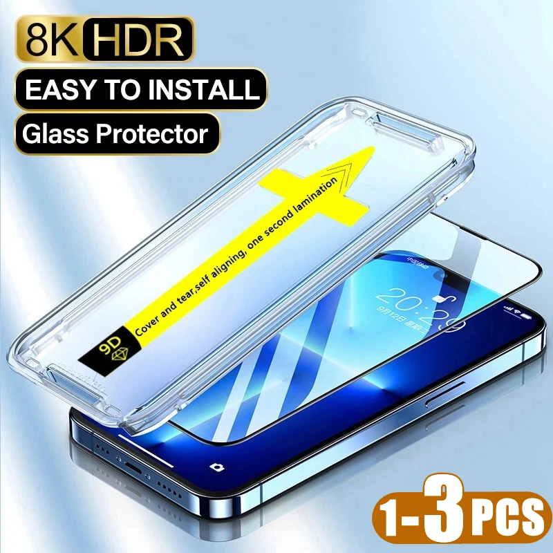 

1-3Pcs 8K High Definition Tempered Glass For iPhone 15 14 13 12 11 Pro Max Mini XS XR X Screen Protector Film Install Tool