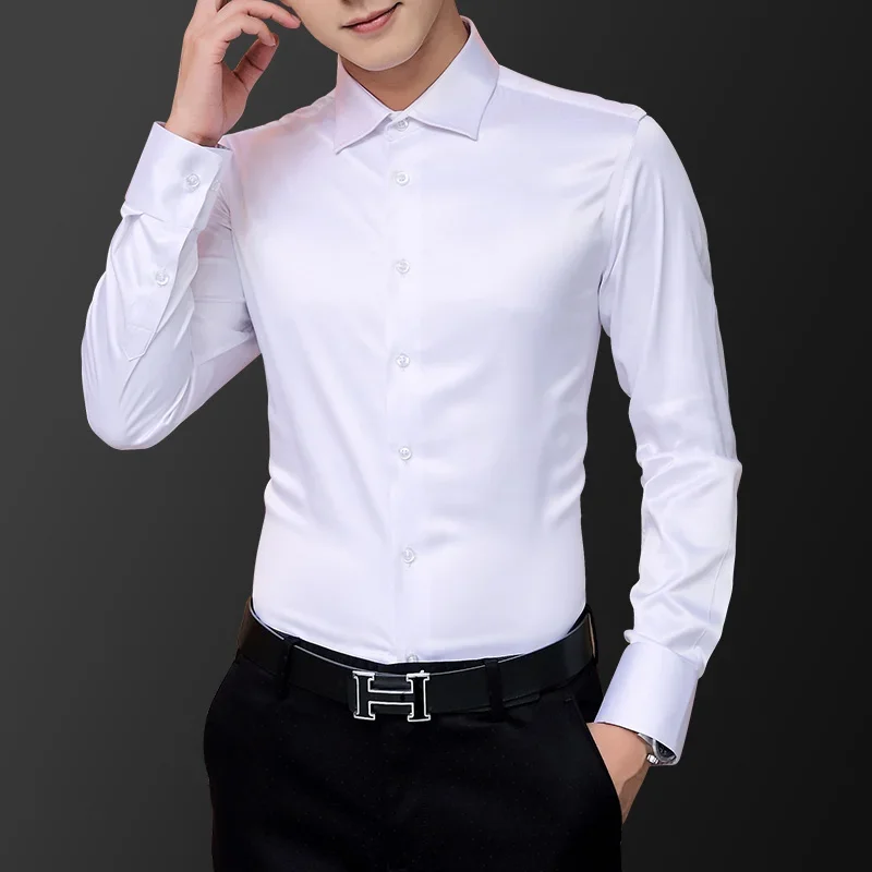 Korean Fashion Style Men's Shirt Wedding Dress Long Sleeve Vintage Shirt Silk Tuxedo Top Chemise Male Cotton White