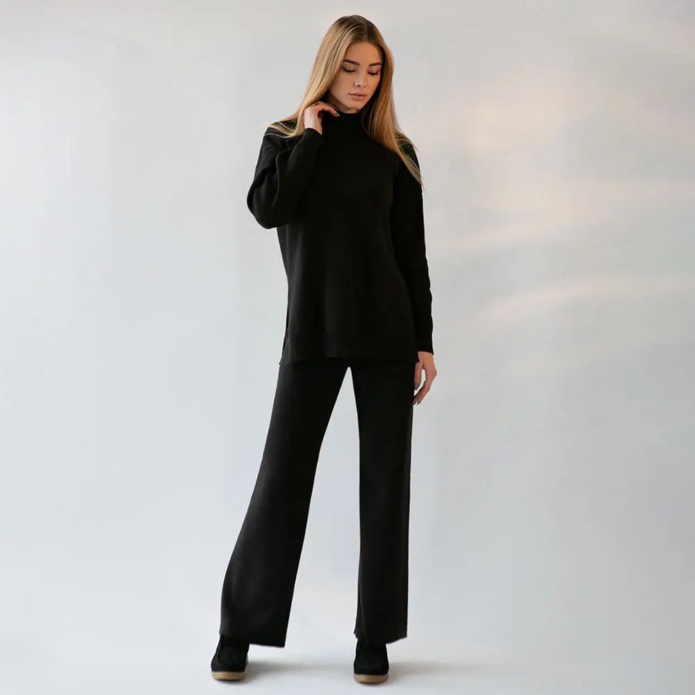 Winter Thick Women Knitted Suits Soft 2 Pieces Sets Female Half Turtleneck Sweater & Wide Leg Pants Knitted Outfit