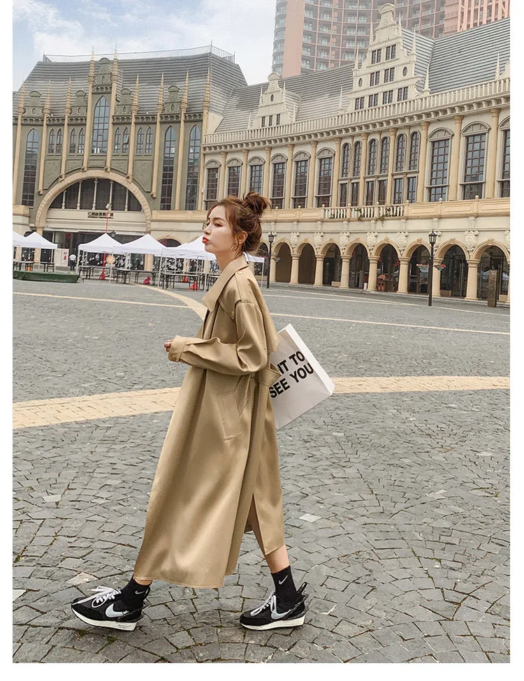 Women's Long British Style Windbreaker Spring Autumn New Ladies Cloak Khaki Women's Acetate Satin Trench Coat Slim Belt Overcoat maxi puffer coat