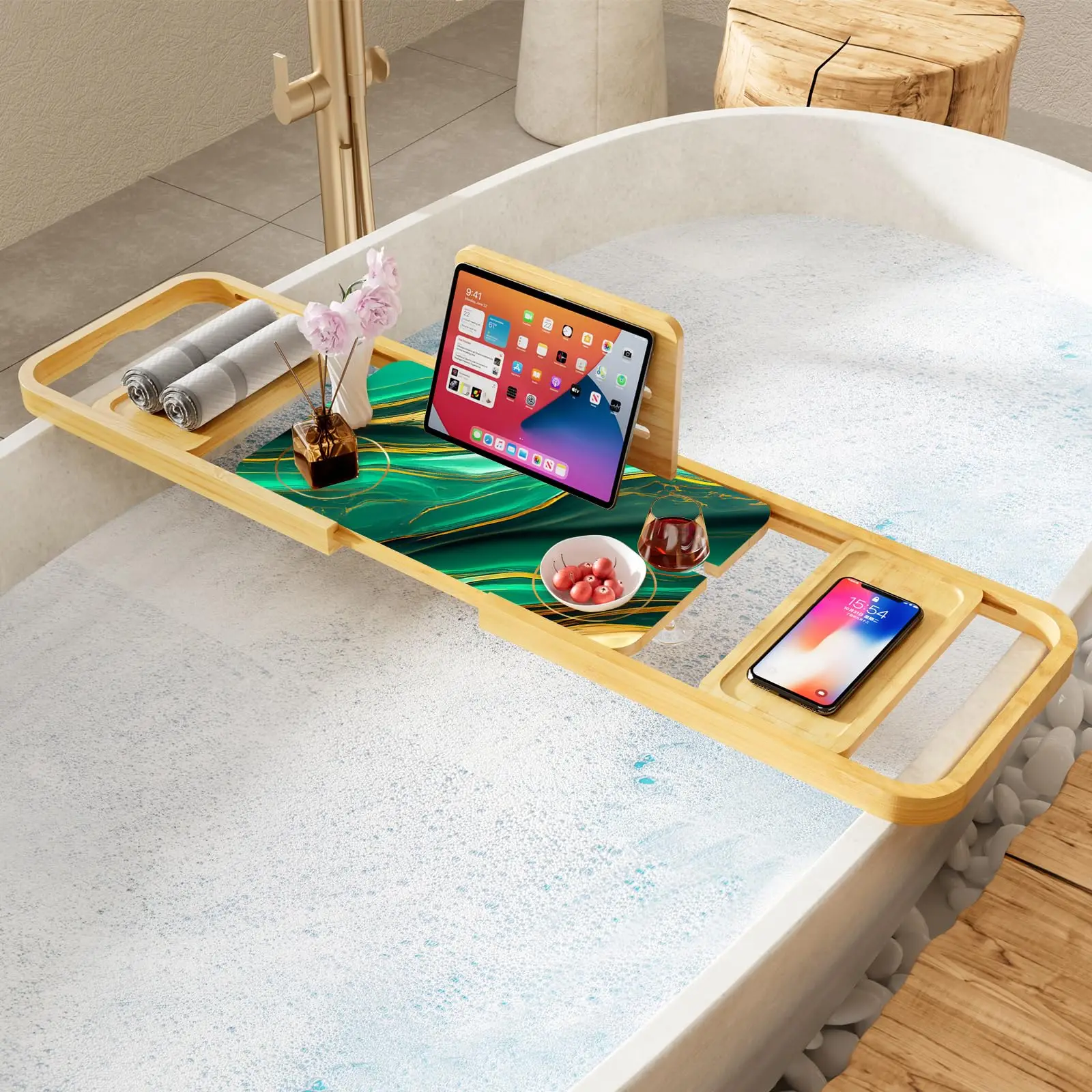 Premium Bathtub Tray Caddy-Expandable Bath Caddy Tray-Adjustable Bamboo Bath Tub Table Unique House Warming Gifts Ne