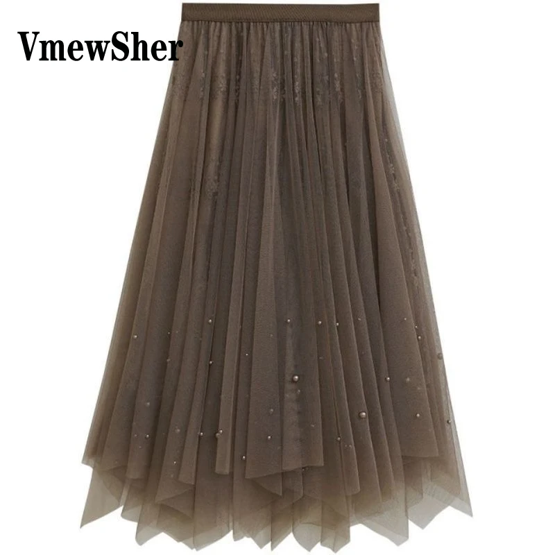 

VmewSher Solid Beading Mesh Skirt Women Summer Pleated Irregular Mid-calf Length Elastic High Waist Net Yarn Elegant A-line