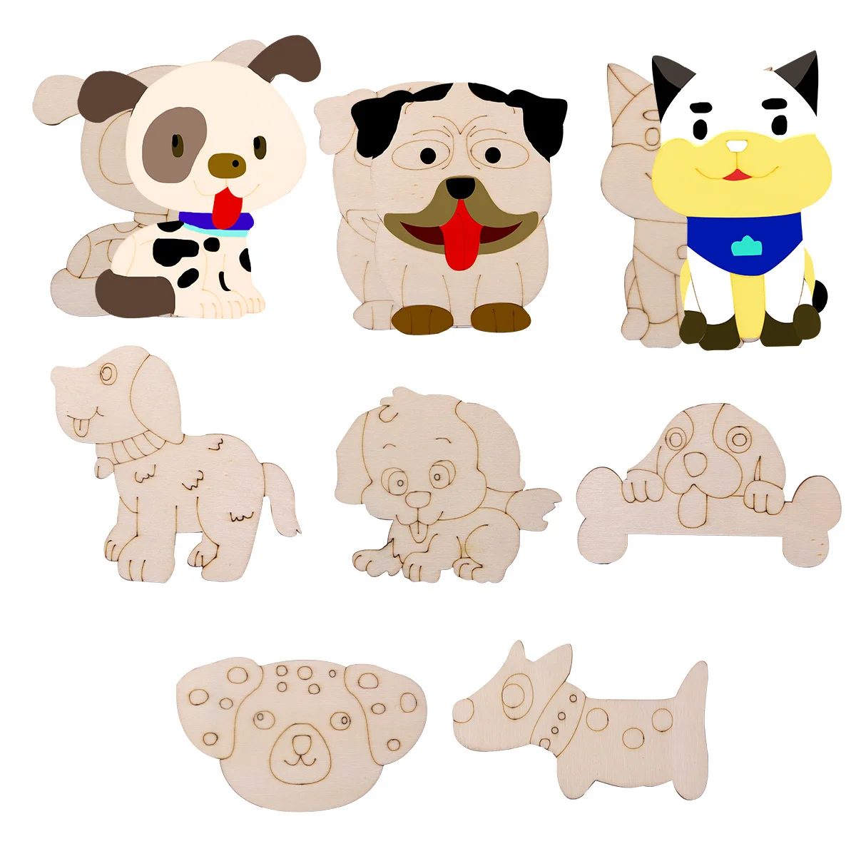8Pcs/Set Carton Dogs Wooden Crafts Multi Type Dogs Ornament For Dog's Happy Birthday Party Decorations Kids DIY Painting Gifts