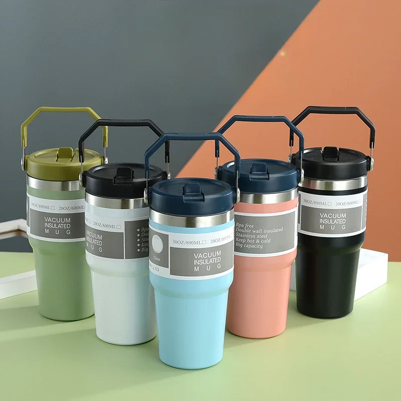 

20oz/30oz Stainless Steel Thermal Coffee Mug With Straw Double Thermos Water Bottle Vacuum Flask Insulated Travel Car Mug