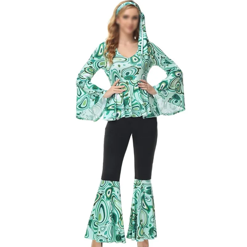 thumbnail image 1 of Traje de discoteca para mujer, disfraz hippie de los años 70, atuendos retro, vestido de baile brillante, pantalón acampanado, atuendo elegante, disfraces de cosplay de Halloween, 1 of 4