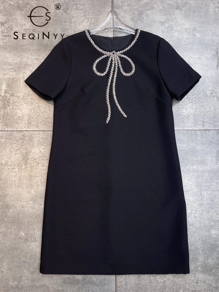 

SEQINYY Office Lady Dress Summer Spring High Quality Beading New Fashion Design Women Runway Short Sleeve Elegant Mini Casual