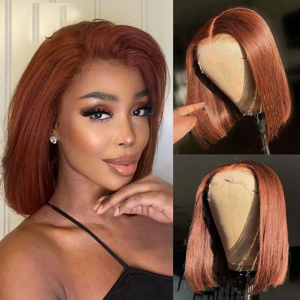 

Preplucked Glueless Orange Brown Short Blunt Bob Silky Straight Soft Deep Lace Front Wigs For Black Women With Baby Hair Daily