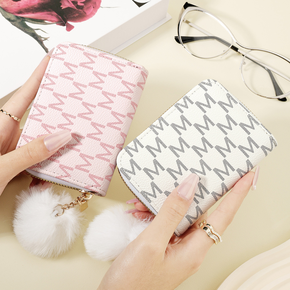New women's wallet, multi card slot function wallet, With a Pom-pom Charm, Multi functional card bag for school dormitories and