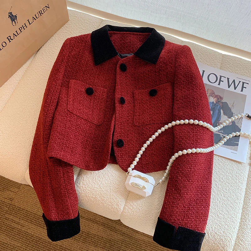 

Женское твидовое пальто в стиле пэчворк, маленькая элегантная мягкая куртка с отложным воротником во французском стиле, A59, осень 2023