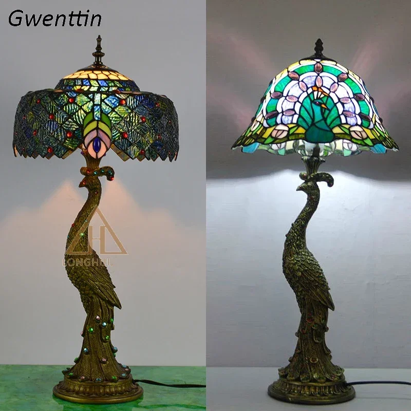 Lampe De Chevet Ancienne Paon - Laiton Et Marbre - Style Art Déco - Occasion