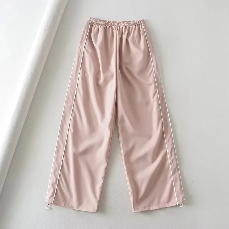 Woman Satin Side Stripes Loose Drawstring Long Cargo Trousers Hip Hop Sweatpants