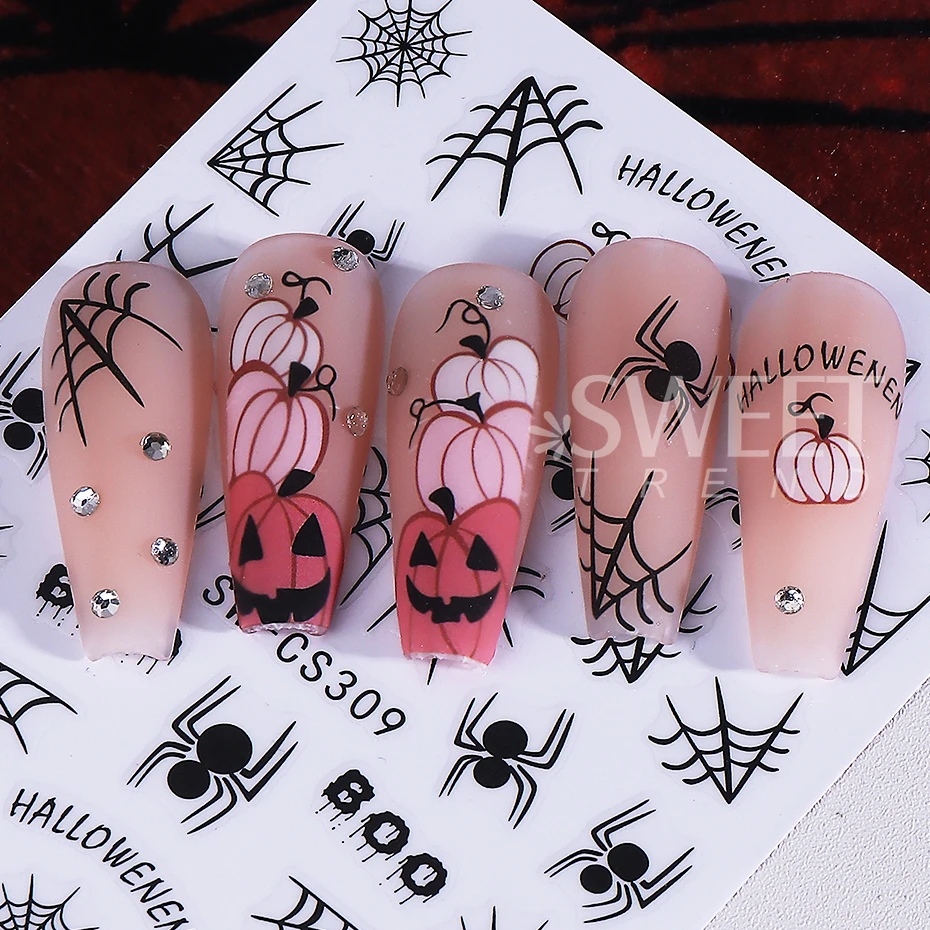 3pcs Halloween Spider Web Nail Stickers 3D Self Adhesive Cartoon Ghost Spider Bat Pumpkin Nail Decals DIY Manicure Decoration