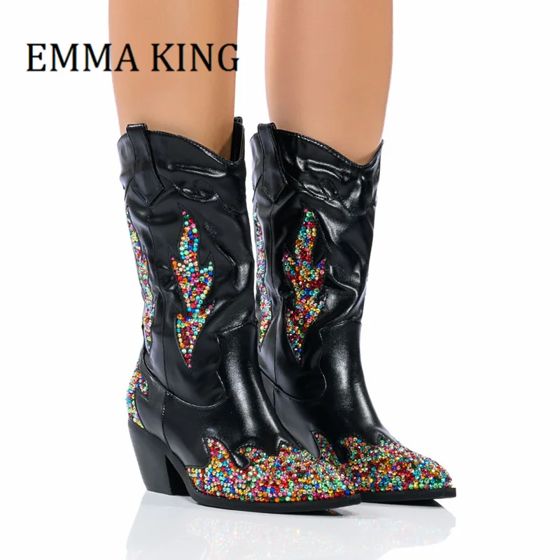 WomenRhinestonesEmbellishedWesternBootsPointedToeWedgeHeels