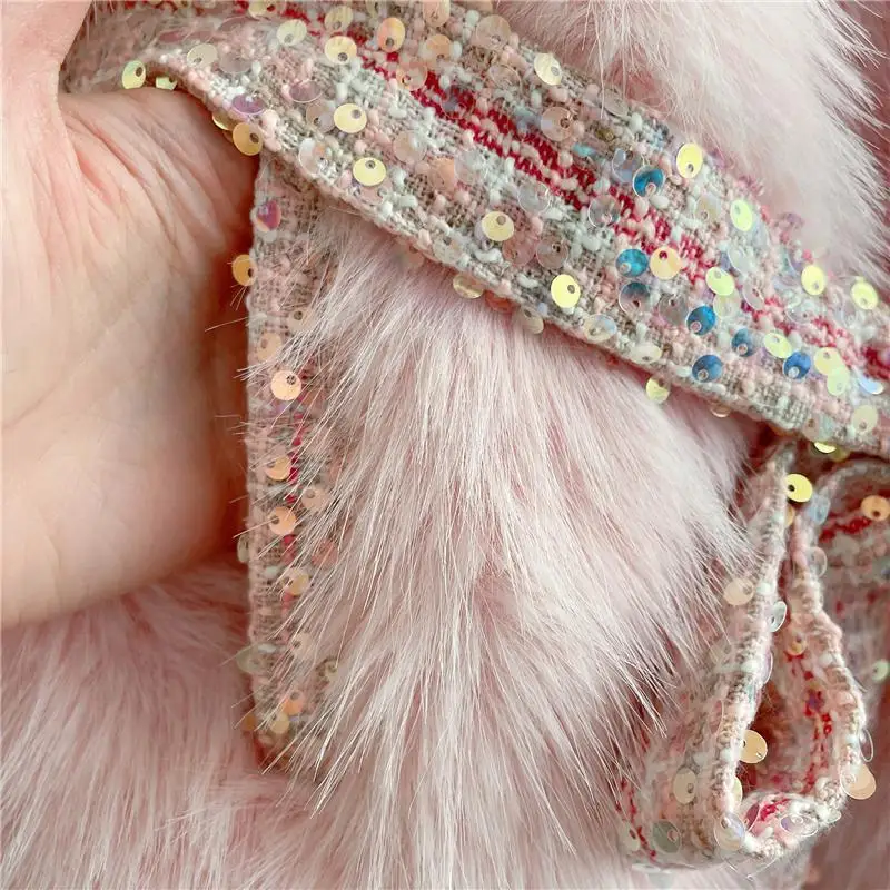 2023 Winter Sweet Slim Waist Young Lady Faux Fox Fur Coat Fuzzy Fur Collar Patchwork Woolen Jackets For Female Elegant Outwear