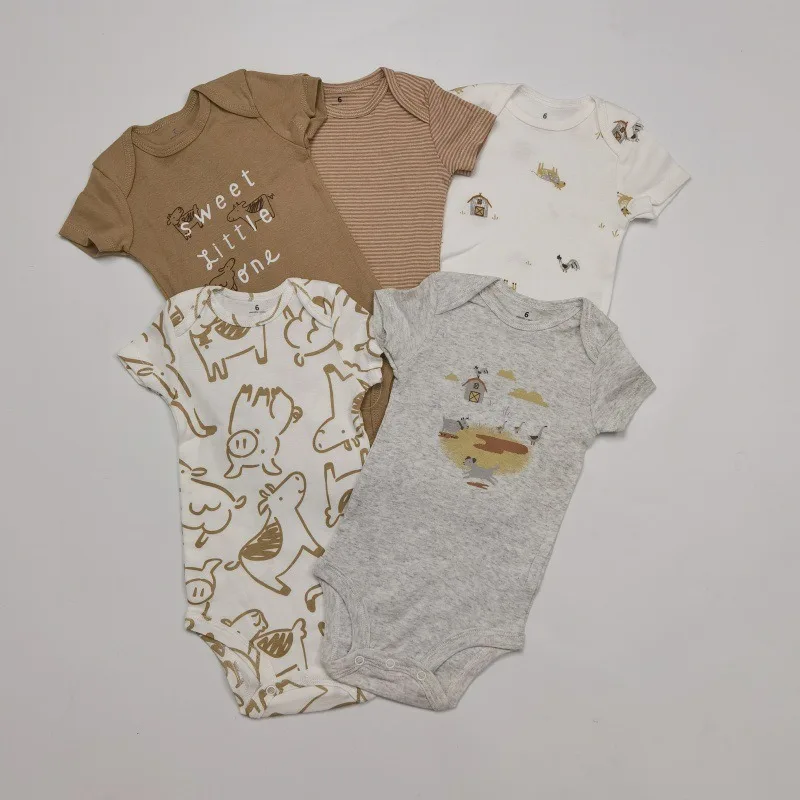 Kids 5pcs Cotton Cartoon Strap Baby Bodysuits Short Sleeve Soft Newborn Outfits for Boys Girls Infant Clothing Gift Set