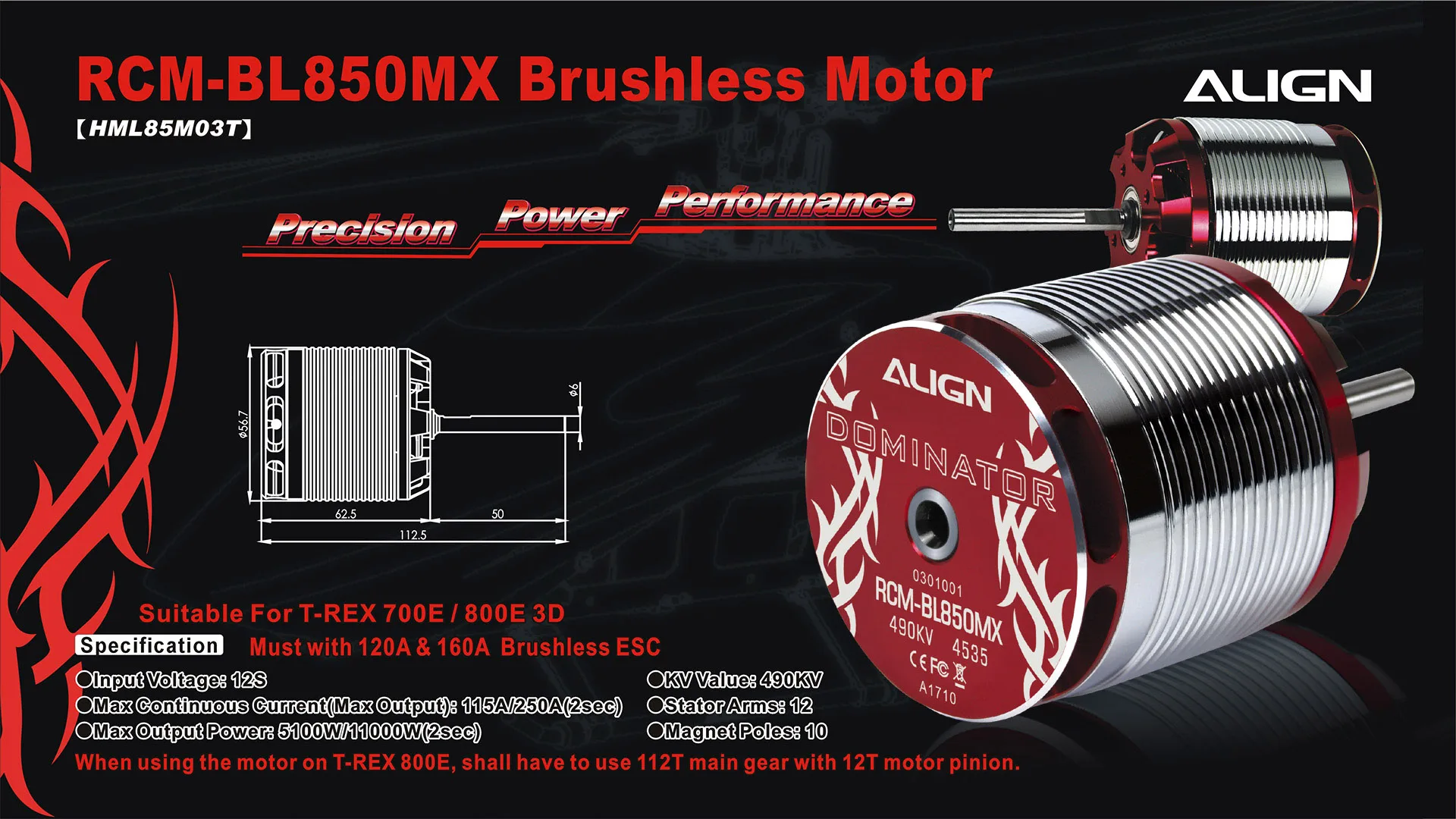 ALIGN T-REX 850MX Brushless Motor(490KV/540KV-4530) for Align Trex