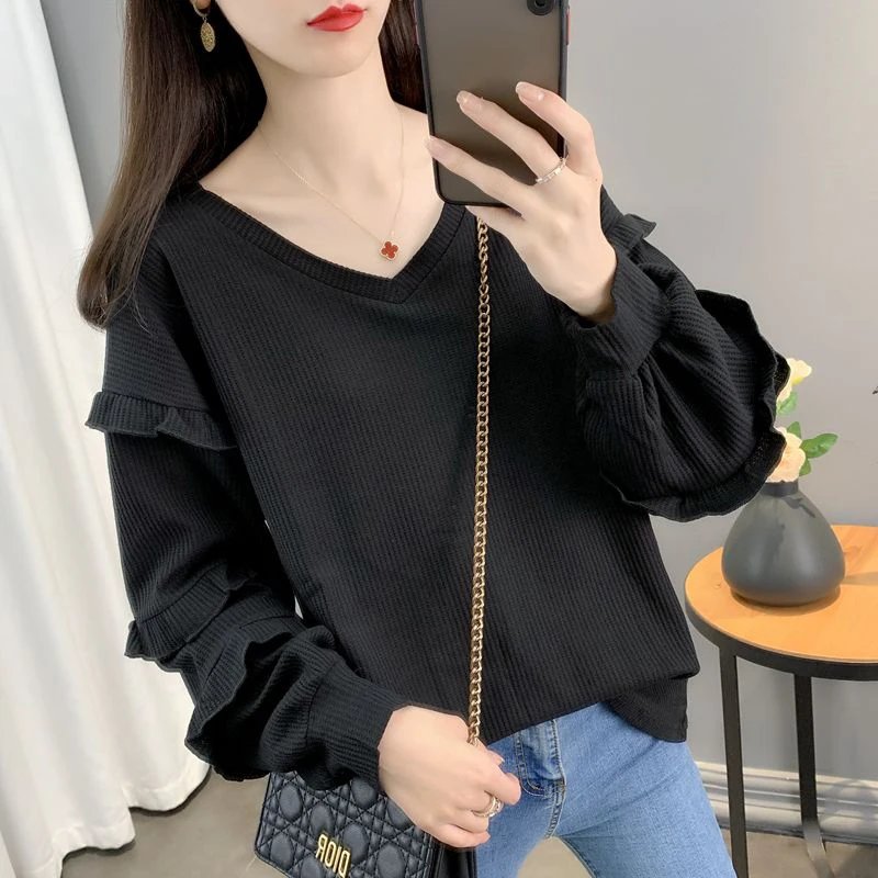 

150kg Can Worn 2xl Ruffles Black Pink Waffle Texture Elegant Spring Autumn Women Long Sleeve Vneck T Shirt Casual Oversized Top