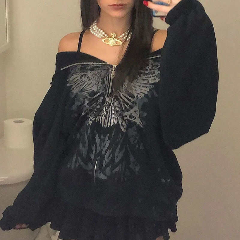 Description Picture 3 of itemGoth Butterfly Print Retro Sweatshirts E-girl Gothic Dark Academia Emo Jackets Coats 2000s Vintage Y2K Grunge Zip Up Hooides