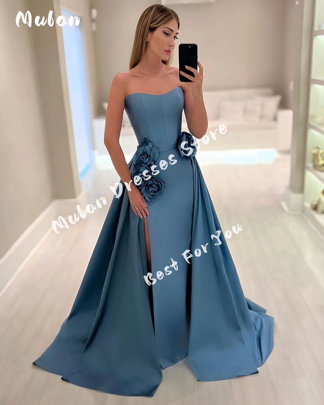 

Strapless Handmade Flower Evening Dresses 2024 Sleeveless Side Slit Long Tail Formal Occasion Elegant Prom Dress Party Gown